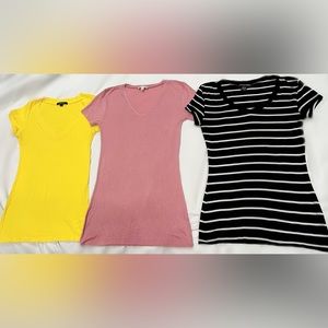 Short sleeve fitted tees.  Set of 3. Yellow, pink-S. Black/white stripe-XS